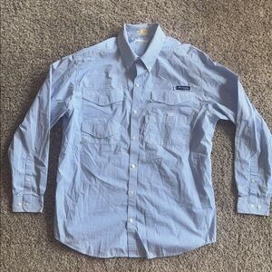 Columbia PFG blue and white striped fishing long sleeve with tarpon fly size XL